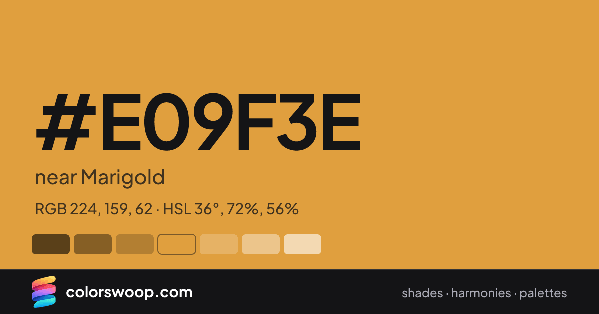 #E09F3E hex color card: near Marigold, RGB 224, 159, 62