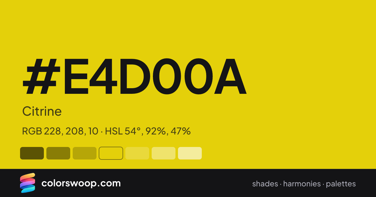 #E4D00A hex color card: Citrine, RGB 228, 208, 10