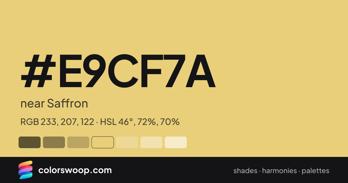 #E9CF7A hex color card: near Saffron, RGB 233, 207, 122