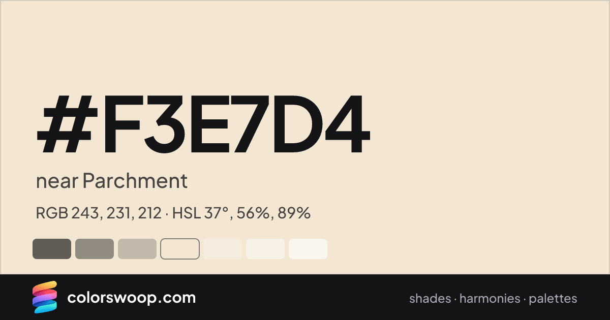 #F3E7D4 hex color card: near Parchment, RGB 243, 231, 212