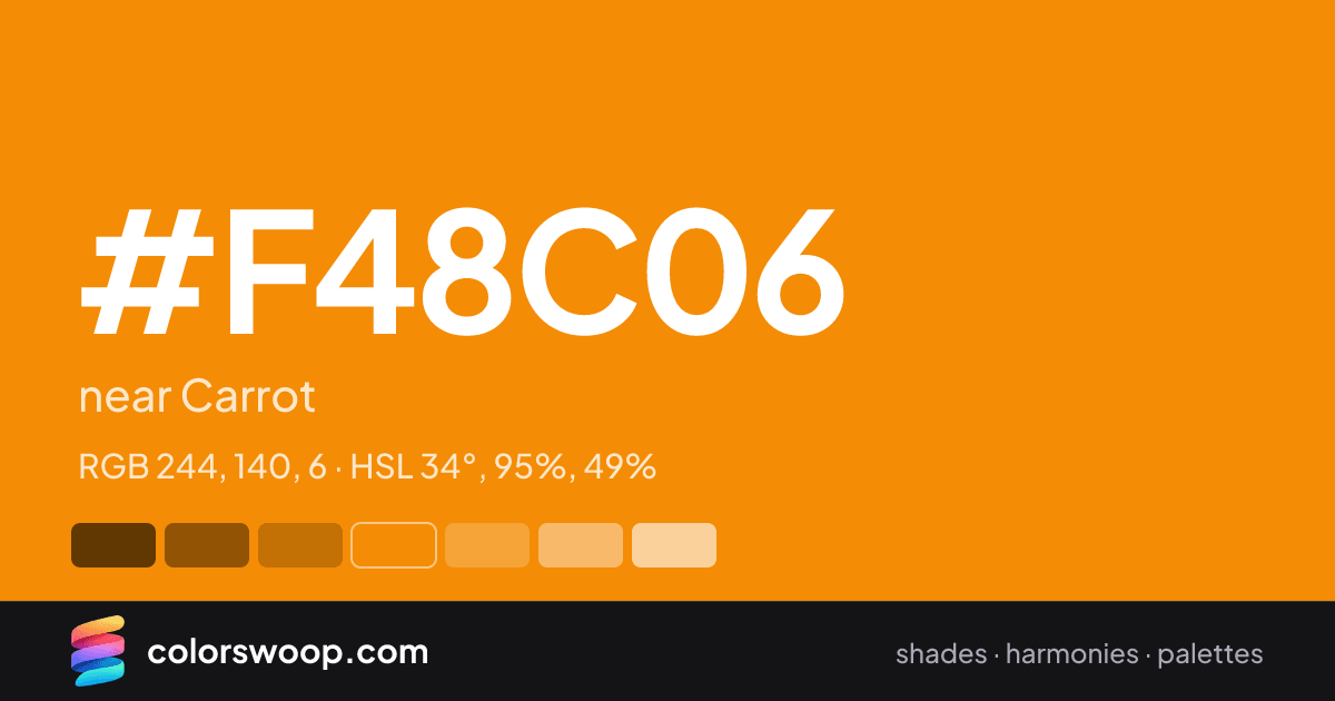 #F48C06 hex color card: near Carrot, RGB 244, 140, 6