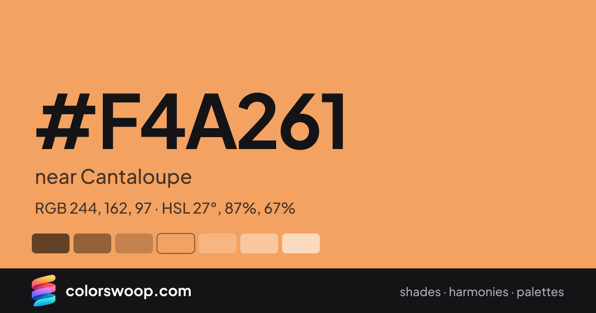 #F4A261 hex color card: near Cantaloupe, RGB 244, 162, 97