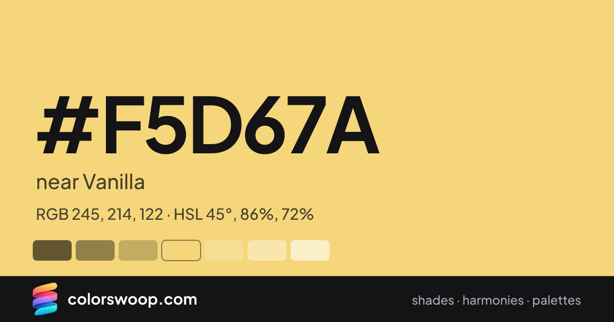 #F5D67A hex color card: near Vanilla, RGB 245, 214, 122
