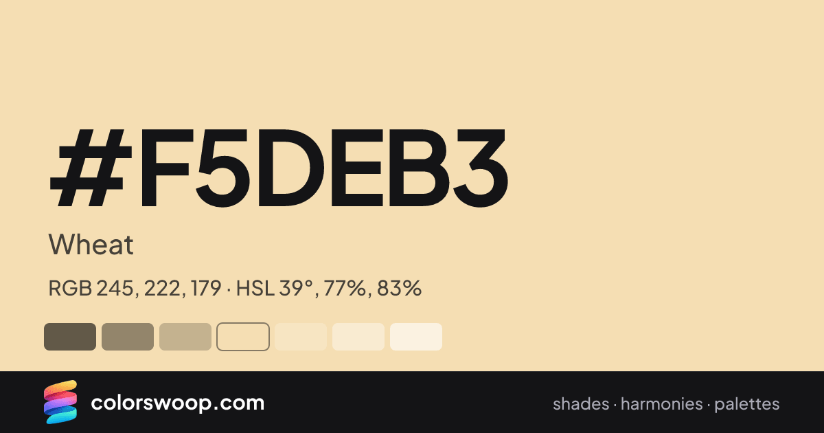 #F5DEB3 hex color card: Wheat, RGB 245, 222, 179