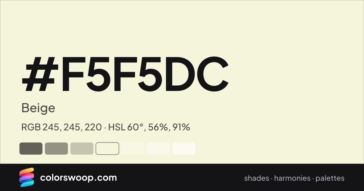#F5F5DC hex color card: Beige, RGB 245, 245, 220