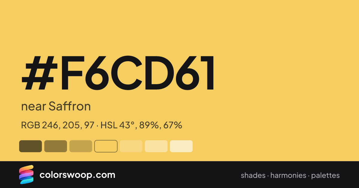 #F6CD61 hex color card: near Saffron, RGB 246, 205, 97