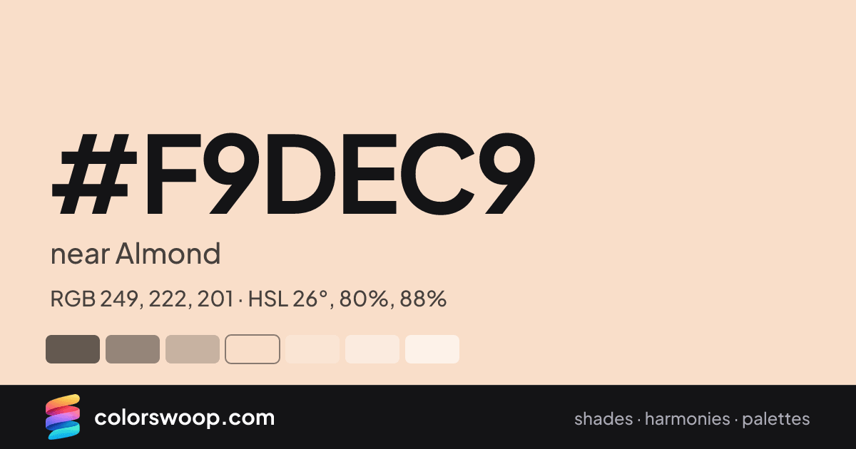 #F9DEC9 hex color card: near Almond, RGB 249, 222, 201