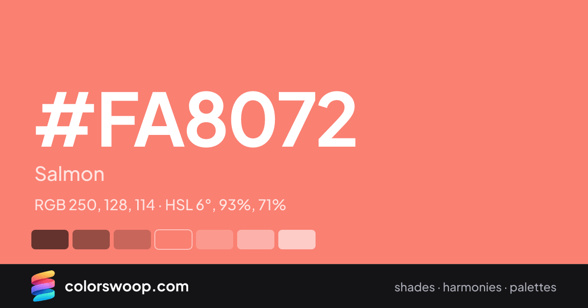 #FA8072 hex color card: Salmon, RGB 250, 128, 114