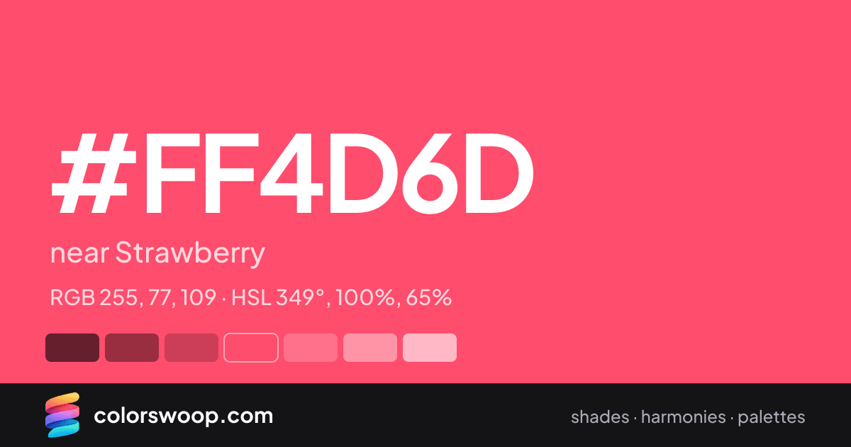 #FF4D6D hex color card: near Strawberry, RGB 255, 77, 109