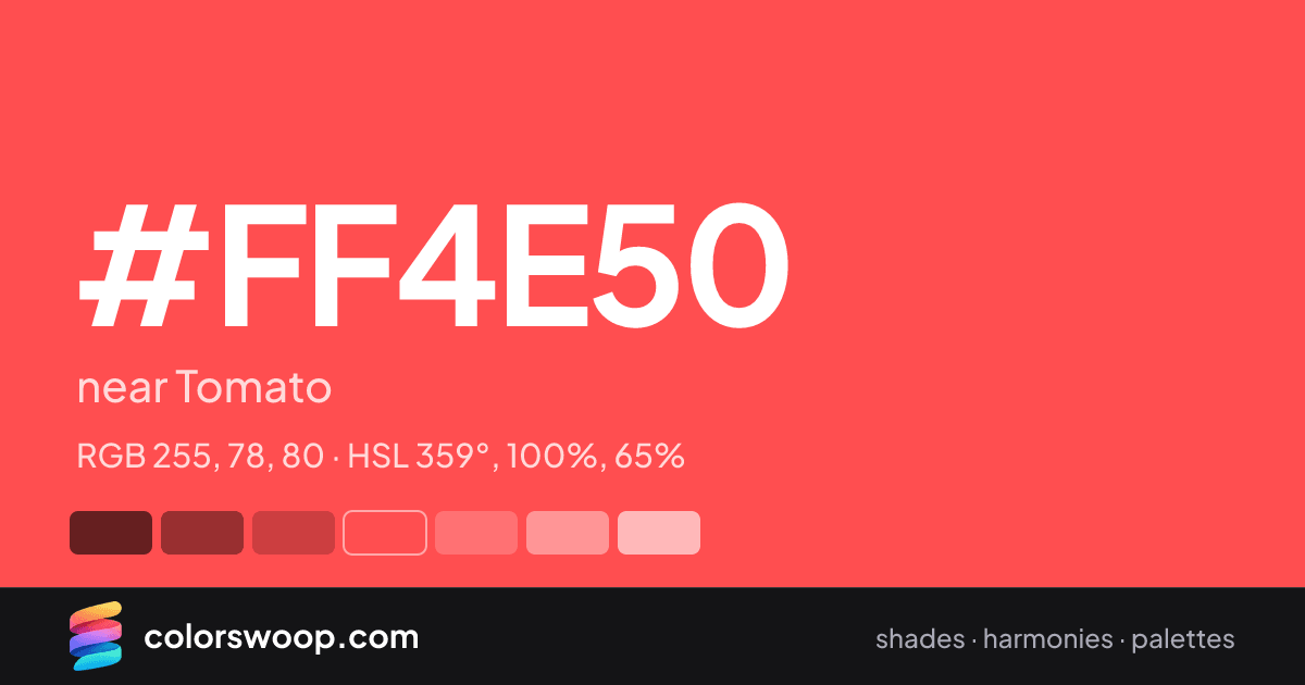 #FF4E50 hex color card: near Tomato, RGB 255, 78, 80