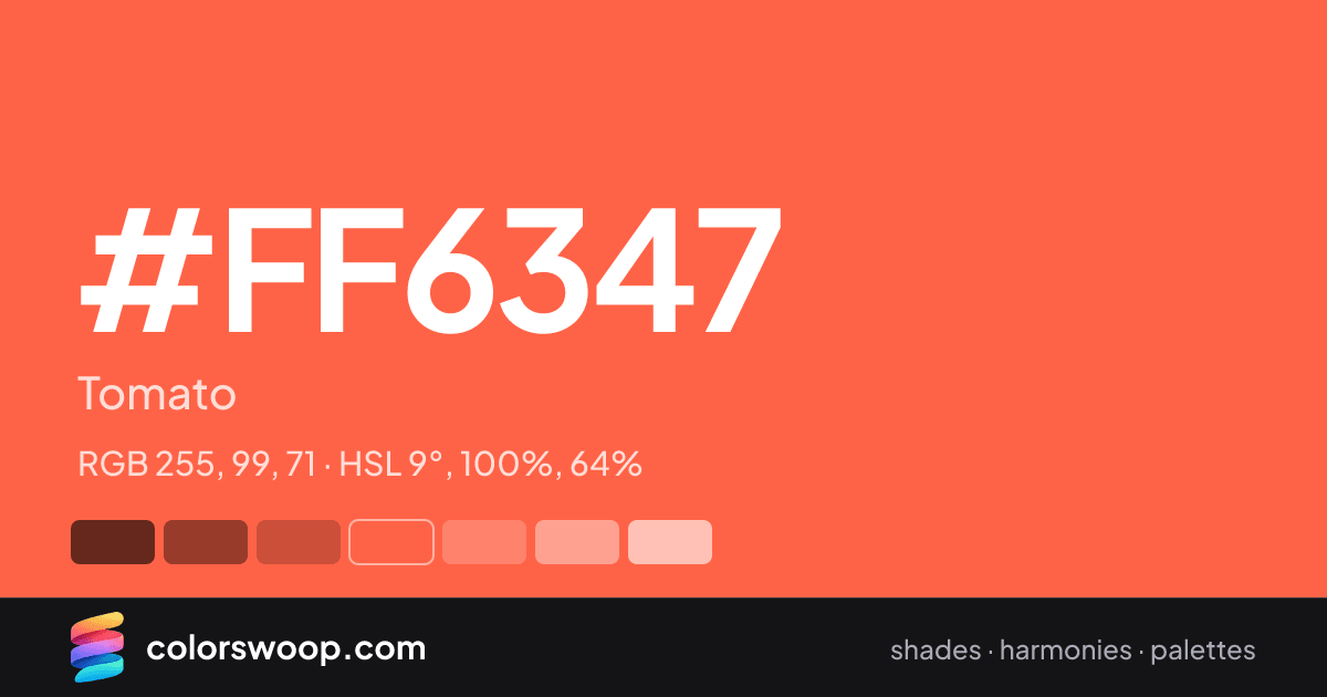 #FF6347 hex color card: Tomato, RGB 255, 99, 71