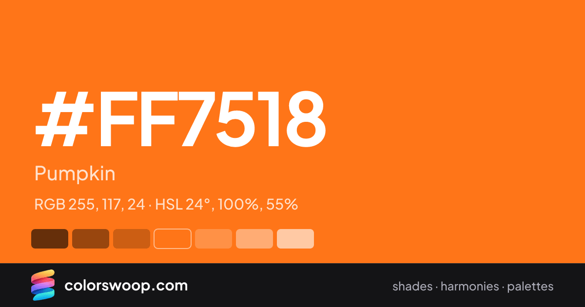 #FF7518 hex color card: Pumpkin, RGB 255, 117, 24