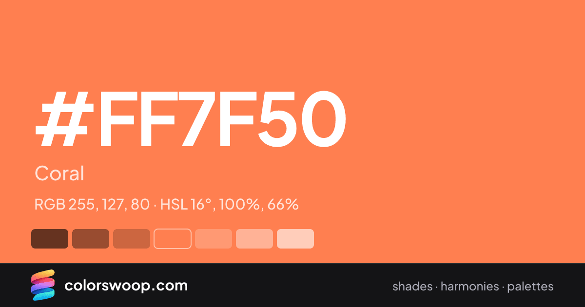 #FF7F50 hex color card: Coral, RGB 255, 127, 80