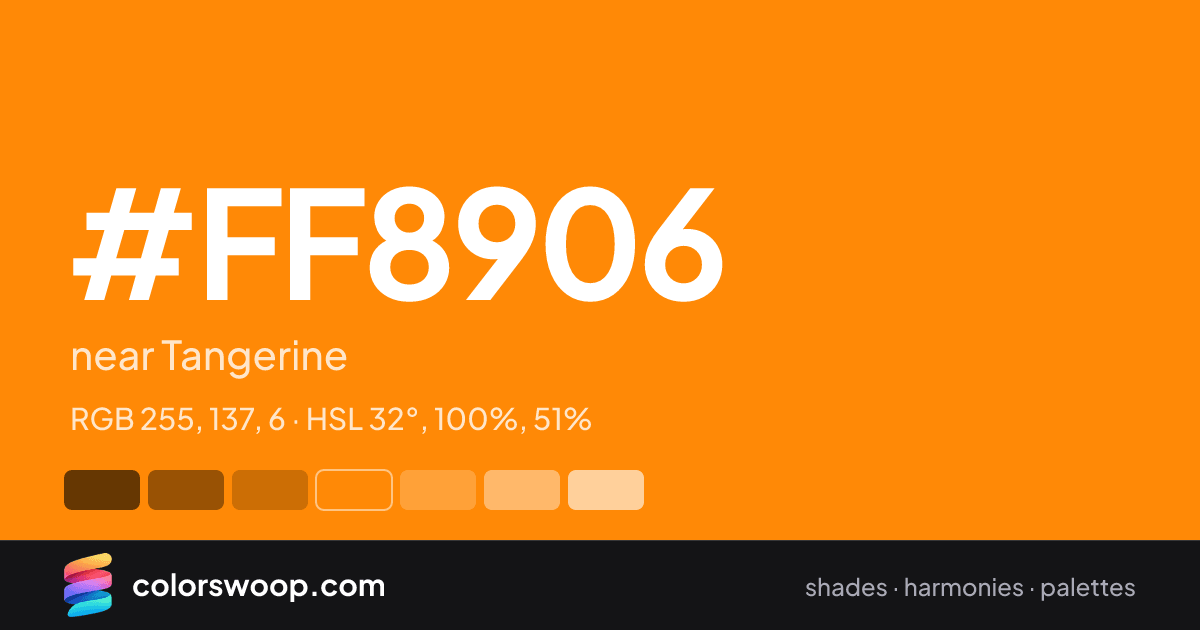 #FF8906 hex color card: near Tangerine, RGB 255, 137, 6