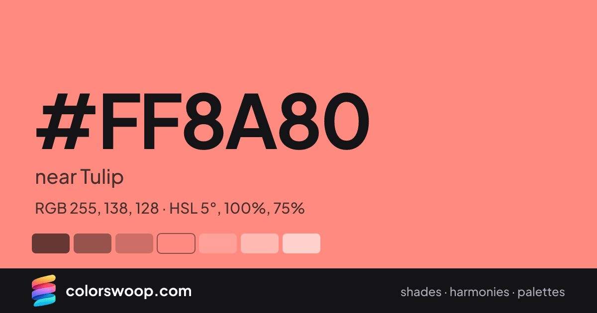 #FF8A80 hex color card: near Tulip, RGB 255, 138, 128