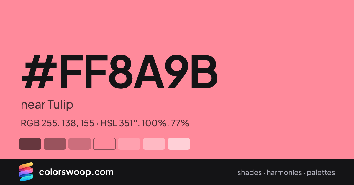 #FF8A9B hex color card: near Tulip, RGB 255, 138, 155