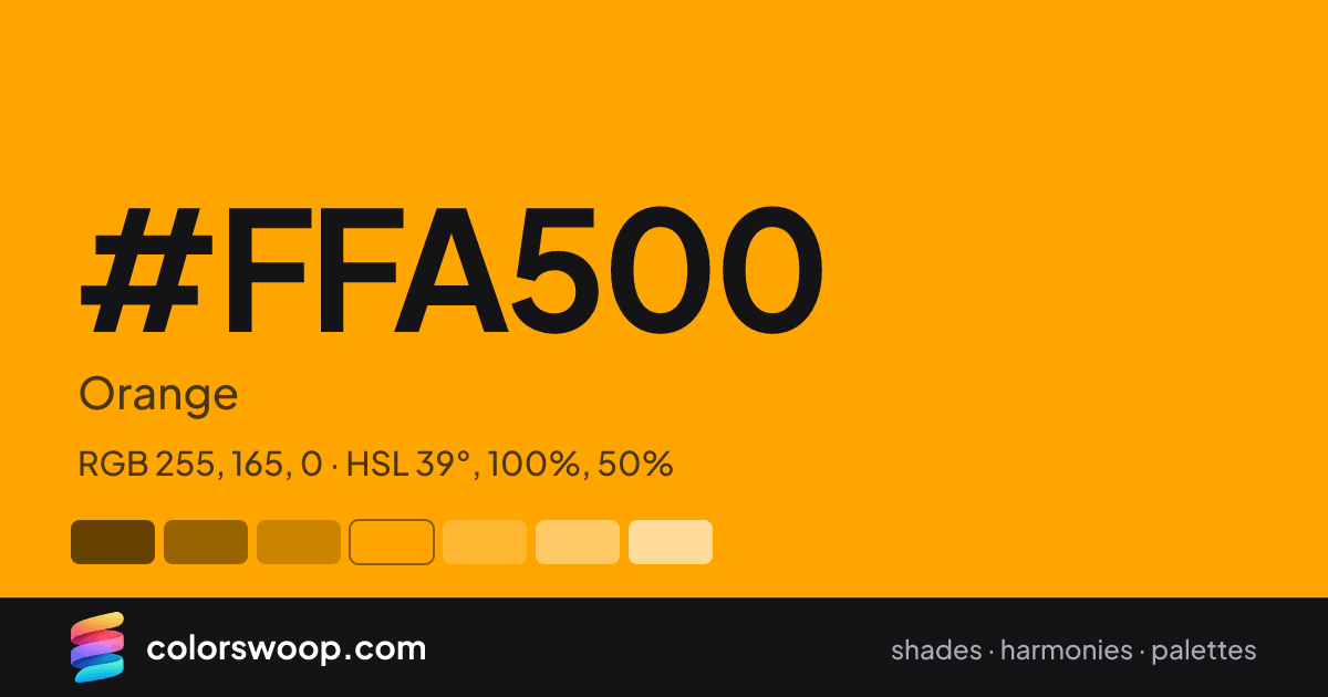 #FFA500 hex color card: Orange, RGB 255, 165, 0