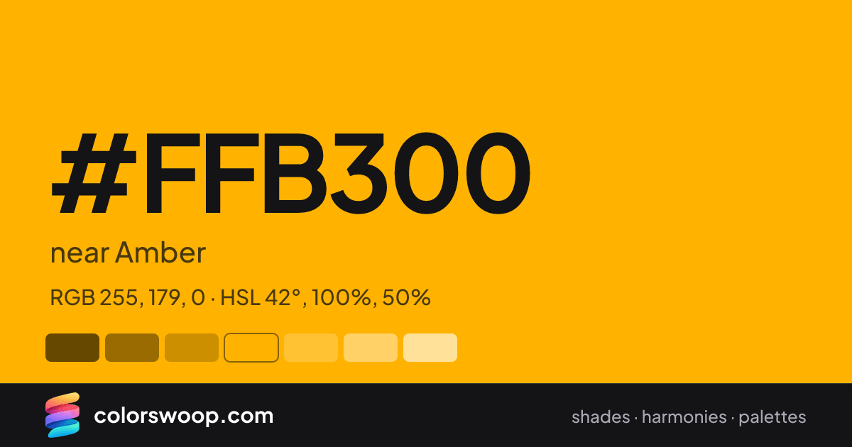 #FFB300 hex color card: near Amber, RGB 255, 179, 0