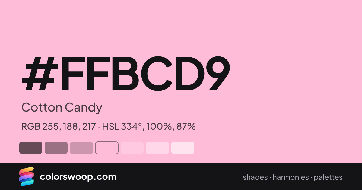 #FFBCD9 hex color card: Cotton Candy, RGB 255, 188, 217