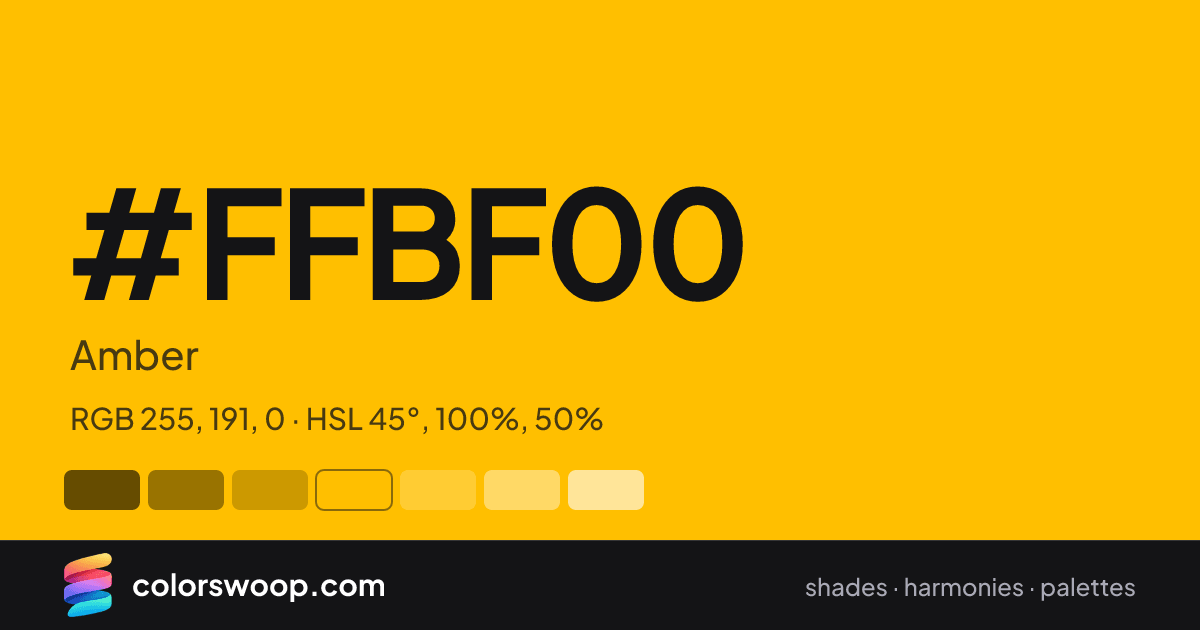 #FFBF00 hex color card: Amber, RGB 255, 191, 0