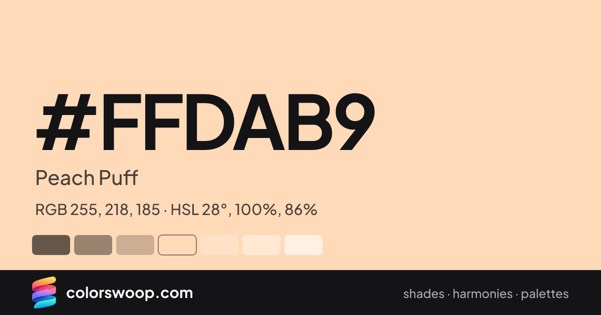 #FFDAB9 hex color card: Peach Puff, RGB 255, 218, 185