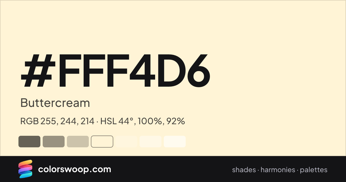 #FFF4D6 hex color card: Buttercream, RGB 255, 244, 214