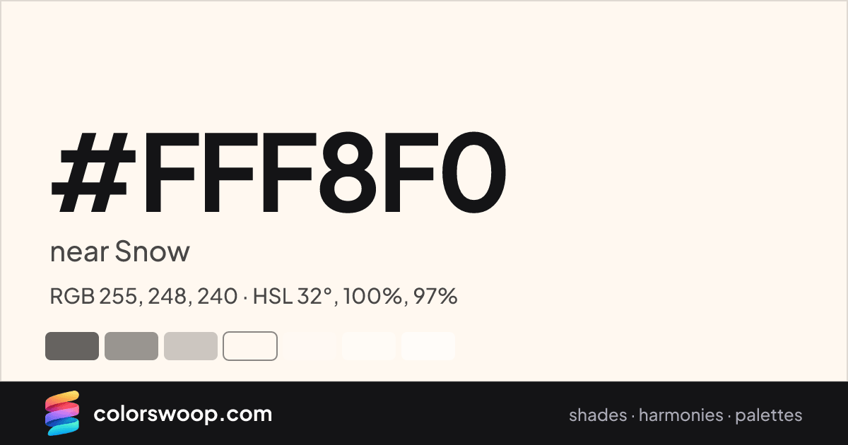 #FFF8F0 hex color card: near Snow, RGB 255, 248, 240