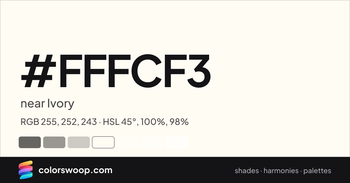 #FFFCF3 hex color card: near Ivory, RGB 255, 252, 243