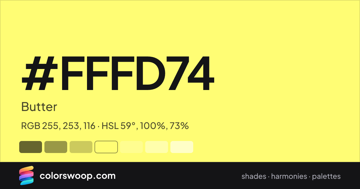 #FFFD74 hex color card: Butter, RGB 255, 253, 116