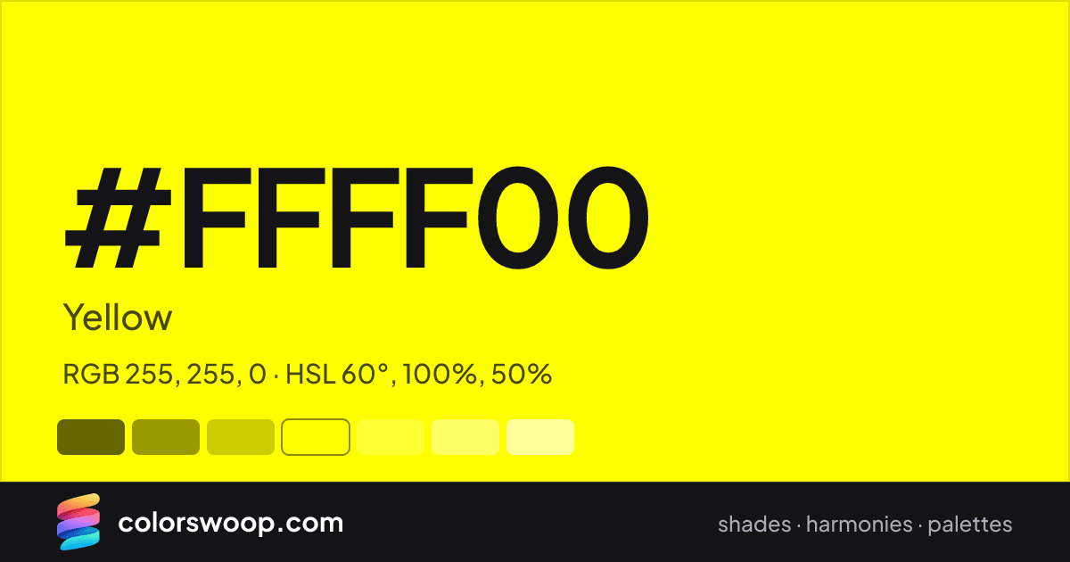 #FFFF00 hex color card: Yellow, RGB 255, 255, 0