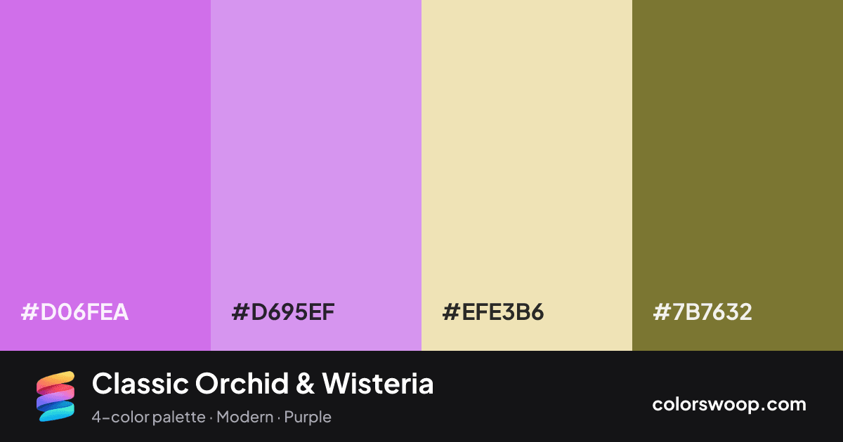 Classic Orchid & Wisteria color palette card: Orchid #D06FEA, Wisteria #D695EF, Wheat #EFE3B6, Olive #7B7632