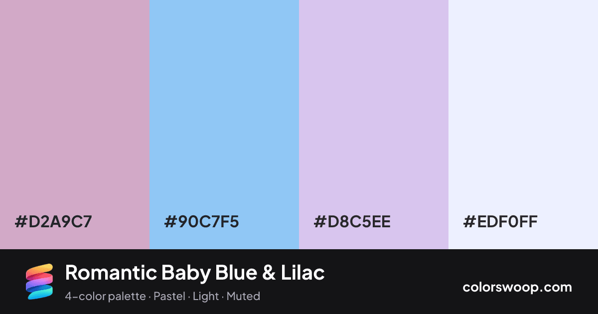Romantic Baby Blue & Lilac color palette card: Lilac #D2A9C7, Baby Blue #90C7F5, Periwinkle #D8C5EE, Frost #EDF0FF