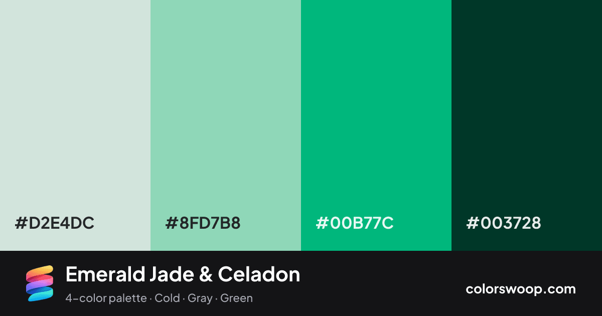 Emerald Jade & Celadon color palette card: Glacier #D2E4DC, Celadon #8FD7B8, Jade #00B77C, Gunmetal #003728