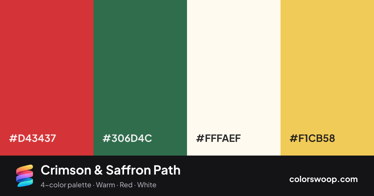 Crimson & Saffron Path color palette card: Crimson #D43437, Juniper #306D4C, Ivory #FFFAEF, Saffron #F1CB58