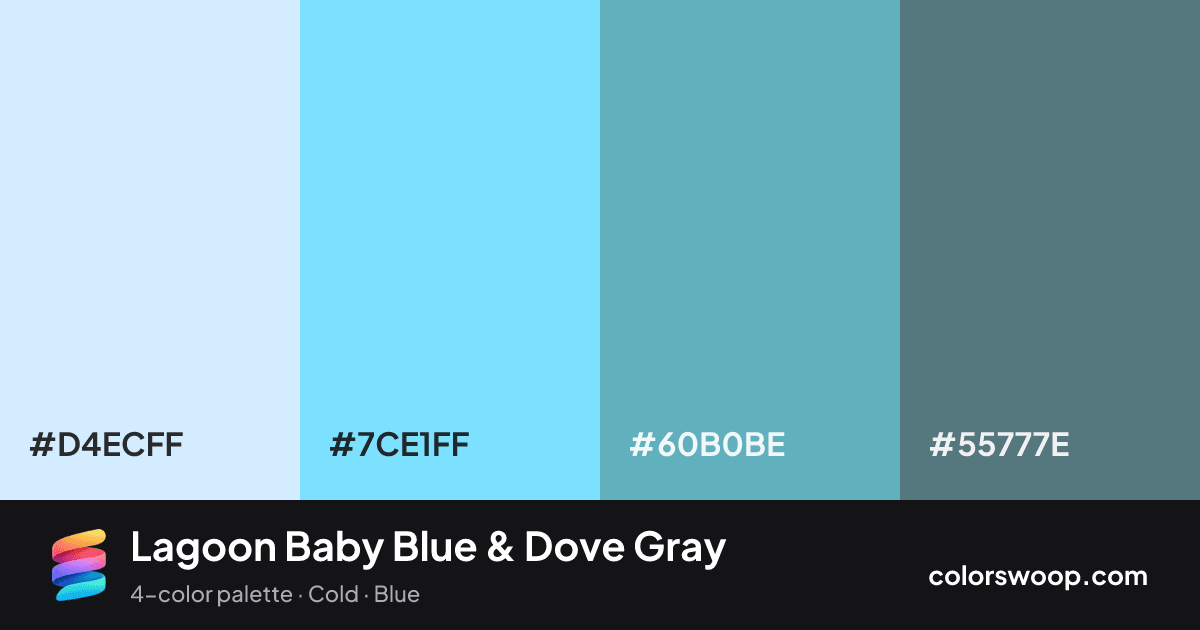 Lagoon Baby Blue & Dove Gray color palette card: Ice #D4ECFF, Baby Blue #7CE1FF, Dusty Blue #60B0BE, Dove Gray #55777E