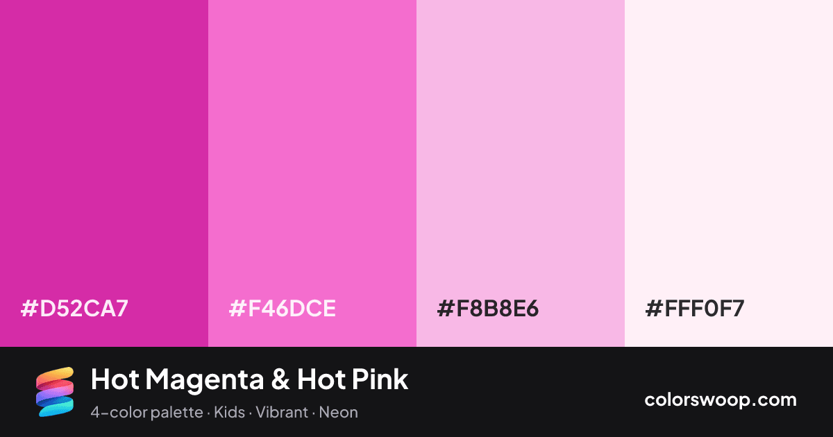 Hot Magenta & Hot Pink color palette card: Magenta #D52CA7, Hot Pink #F46DCE, Cotton Candy #F8B8E6, Smoke #FFF0F7