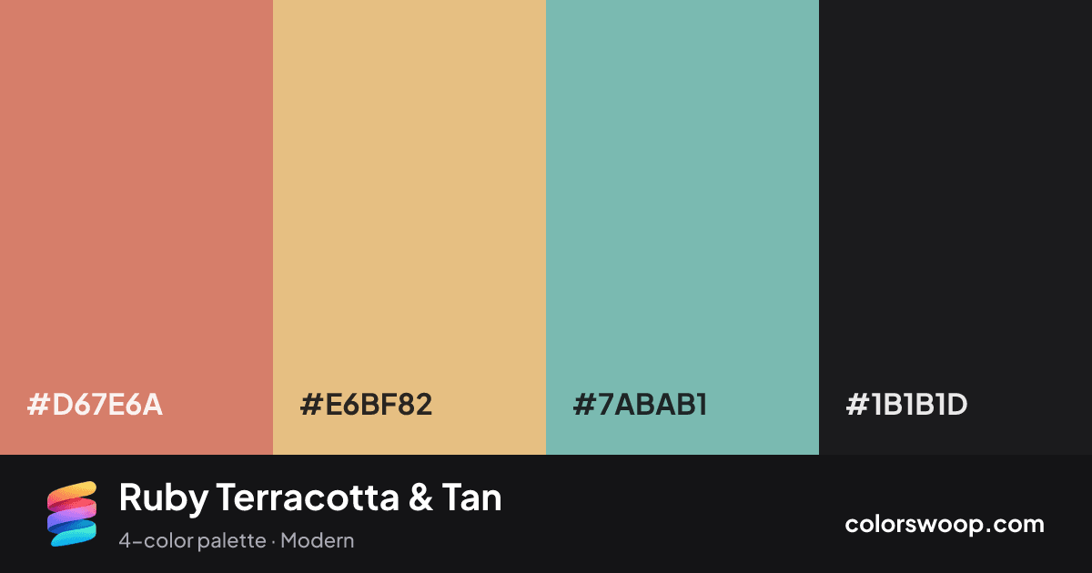 Ruby Terracotta & Tan color palette card: Terracotta #D67E6A, Tan #E6BF82, Sage #7ABAB1, Raisin #1B1B1D