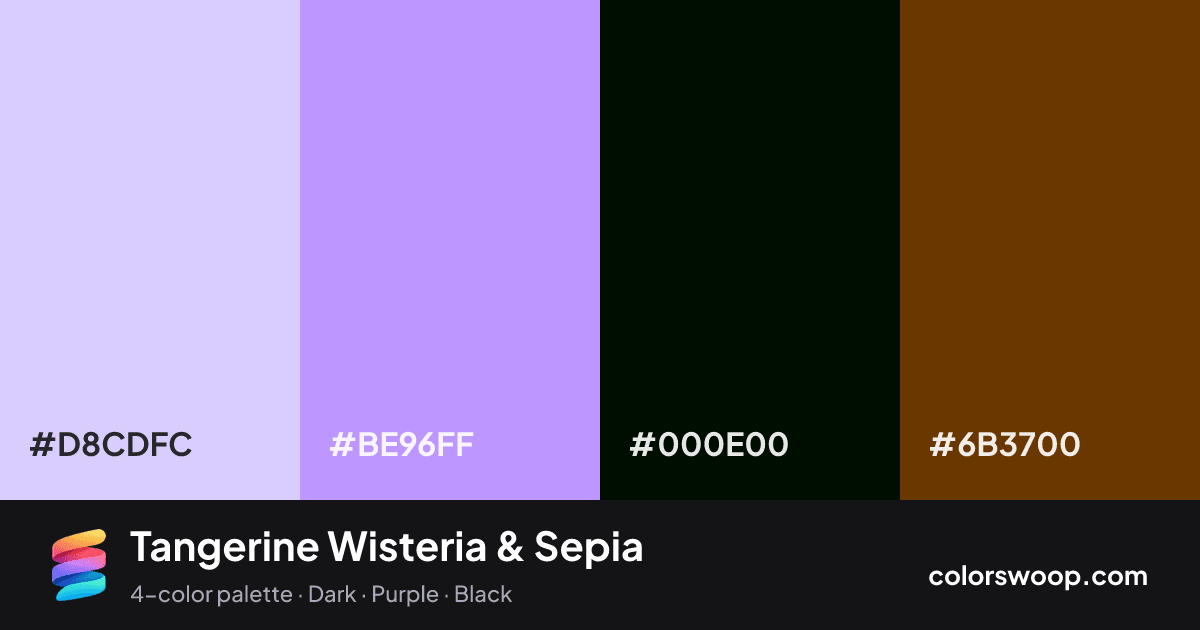 Tangerine Wisteria & Sepia color palette card: Periwinkle #D8CDFC, Wisteria #BE96FF, Obsidian #000E00, Sepia #6B3700