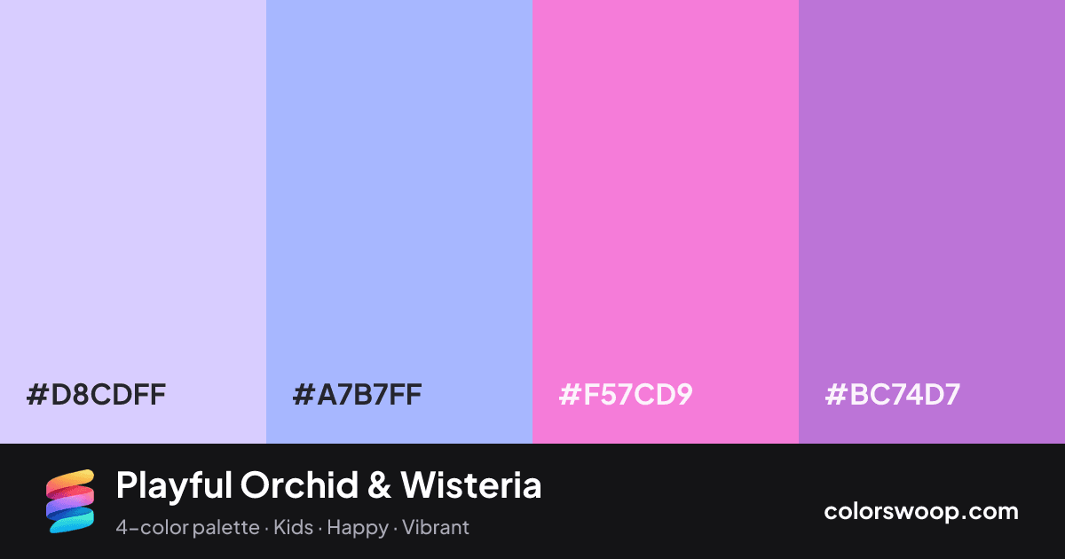 Playful Orchid & Wisteria color palette card: Periwinkle #D8CDFF, Wisteria #A7B7FF, Orchid #F57CD9, Orchid #BC74D7