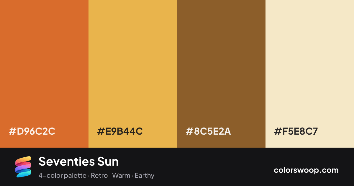 Seventies Sun color palette card: Cinnamon #D96C2C, Mustard #E9B44C, Cocoa #8C5E2A, Champagne #F5E8C7
