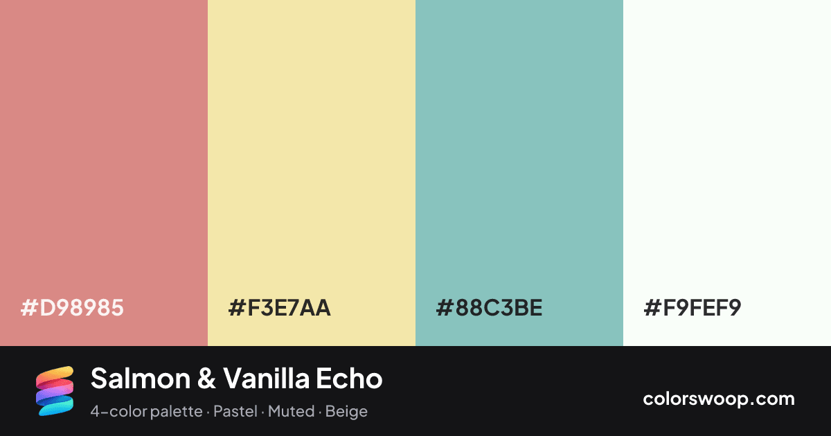 Salmon & Vanilla Echo color palette card: Salmon #D98985, Vanilla #F3E7AA, Ash #88C3BE, White #F9FEF9