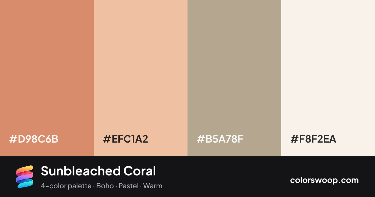 Sunbleached Coral color palette card: Camel #D98C6B, Melon #EFC1A2, Dust #B5A78F, Linen #F8F2EA