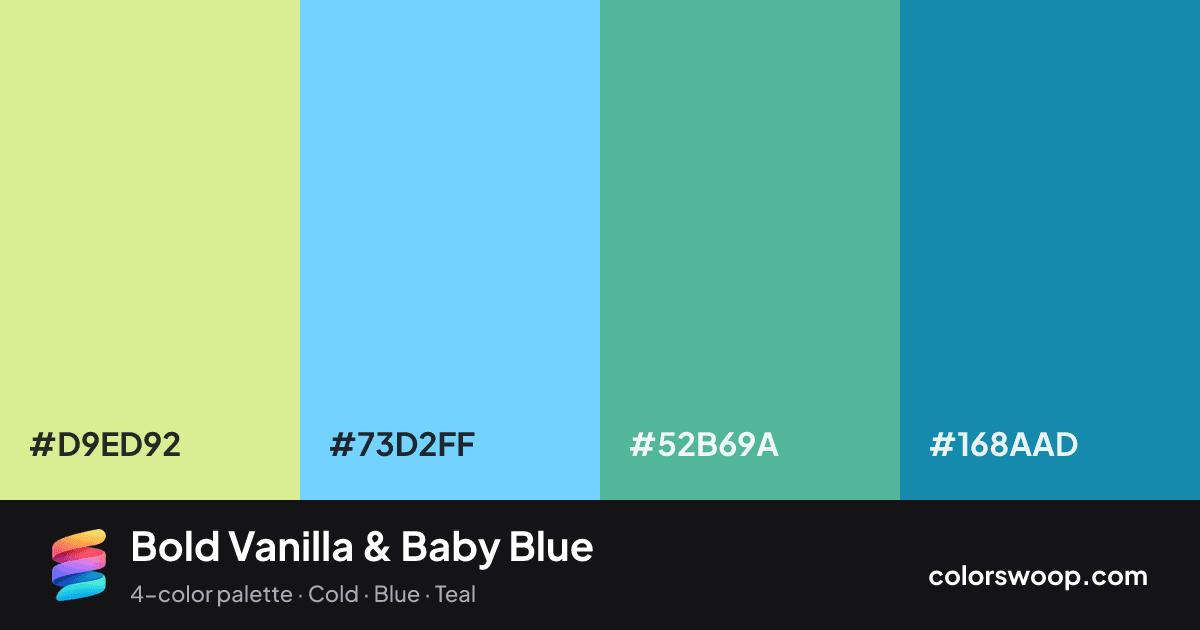 Bold Vanilla & Baby Blue color palette card: Vanilla #D9ED92, Baby Blue #73D2FF, Cadet #52B69A, Steel Blue #168AAD