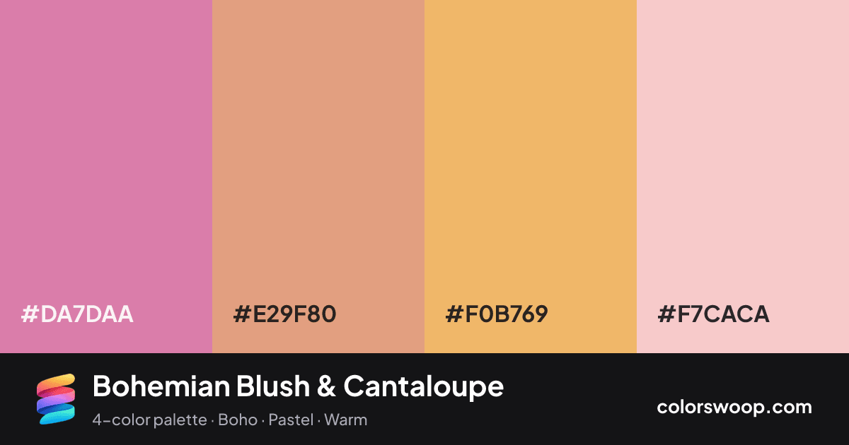 Bohemian Blush & Cantaloupe color palette card: Blush #DA7DAA, Dusty Rose #E29F80, Cantaloupe #F0B769, Baby Pink #F7CACA
