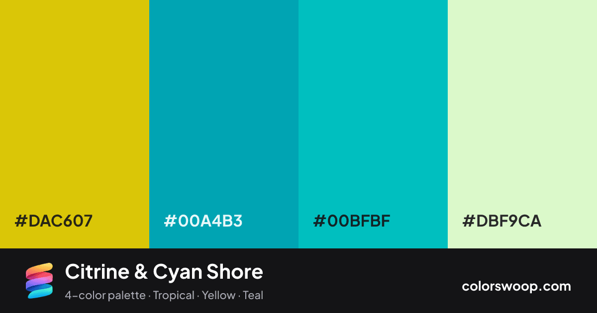 Citrine & Cyan Shore color palette card: Citrine #DAC607, Cadet #00A4B3, Cyan #00BFBF, Beige #DBF9CA