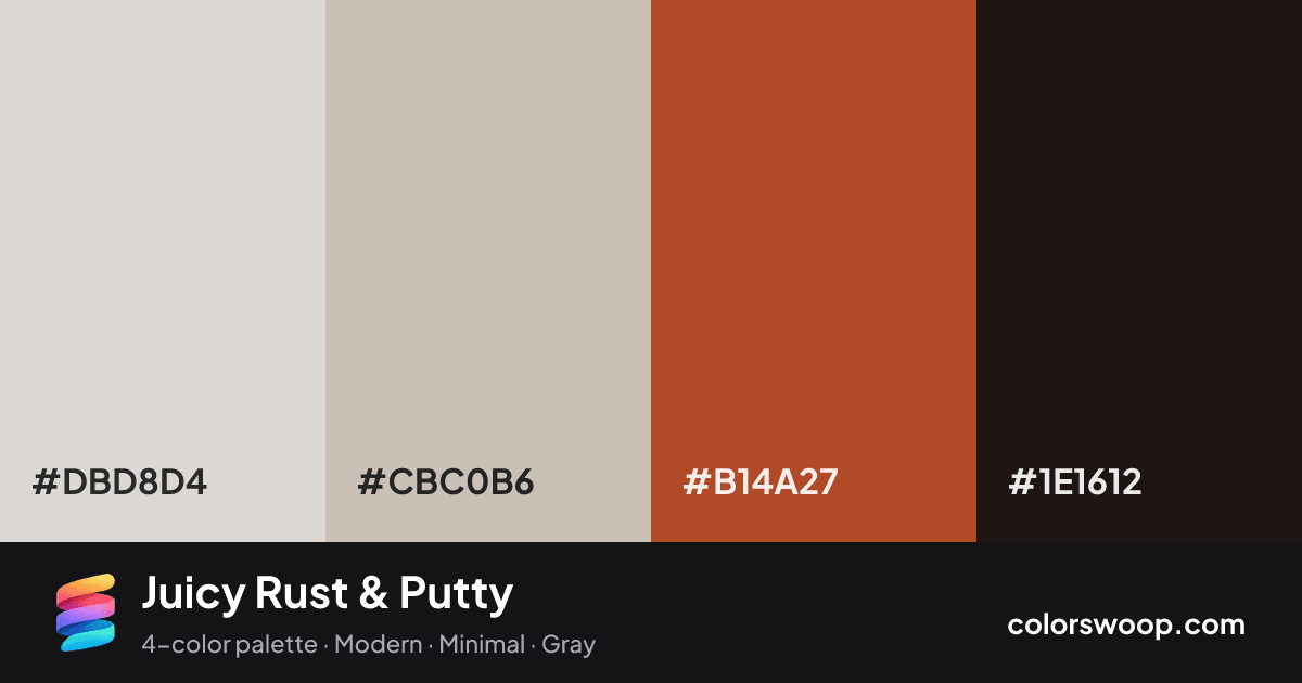 Juicy Rust & Putty color palette card: Fog #DBD8D4, Putty #CBC0B6, Rust #B14A27, Licorice #1E1612