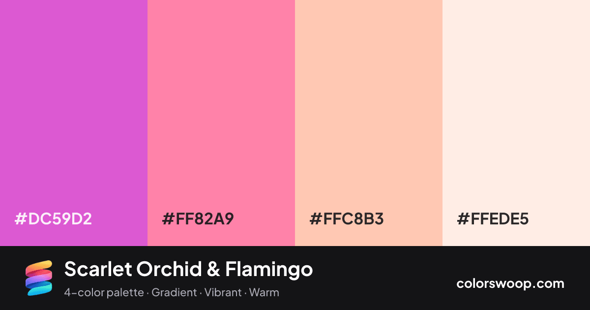 Scarlet Orchid & Flamingo color palette card: Orchid #DC59D2, Flamingo #FF82A9, Apricot #FFC8B3, Linen #FFEDE5