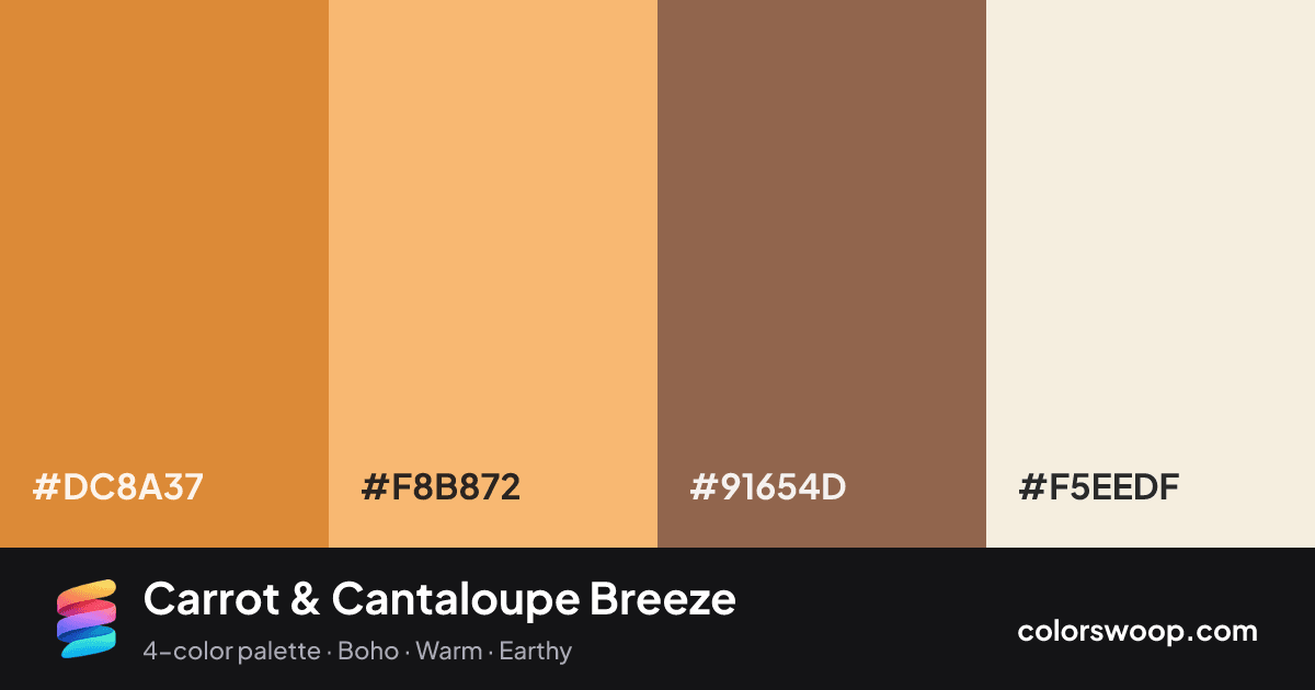 Carrot & Cantaloupe Breeze color palette card: Carrot #DC8A37, Cantaloupe #F8B872, Cocoa #91654D, Linen #F5EEDF
