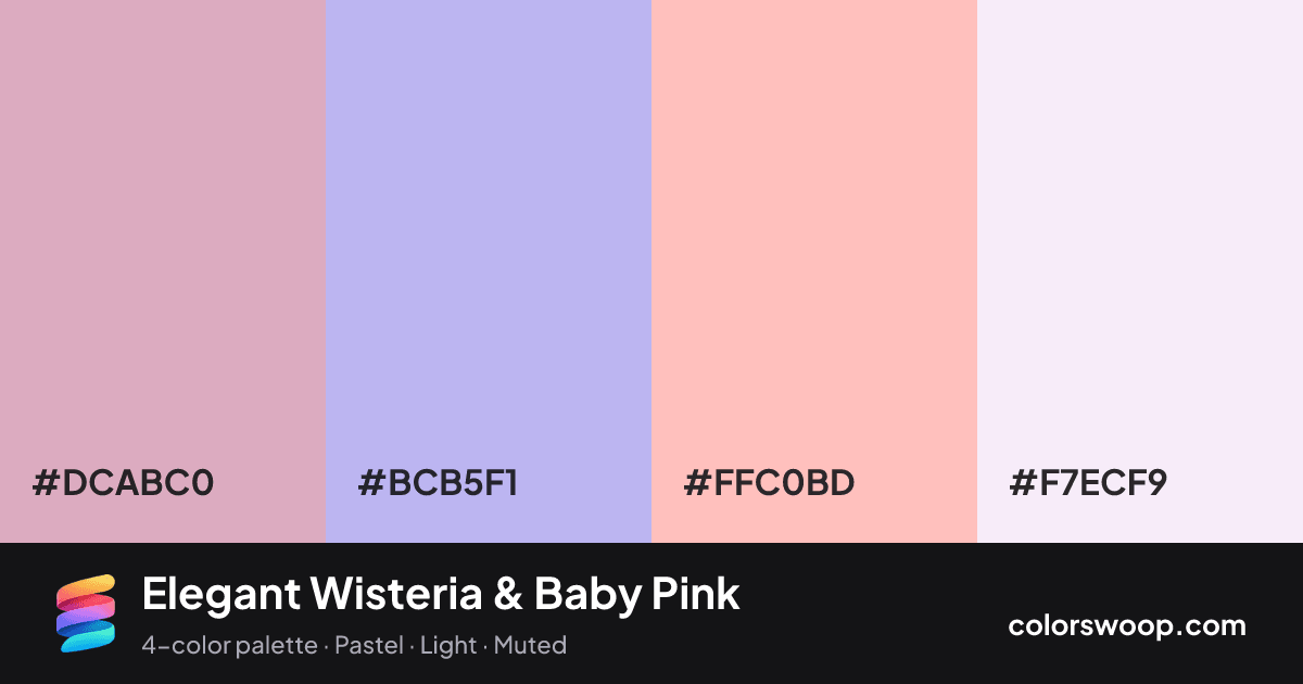 Elegant Wisteria & Baby Pink color palette card: Lilac #DCABC0, Wisteria #BCB5F1, Baby Pink #FFC0BD, Frost #F7ECF9