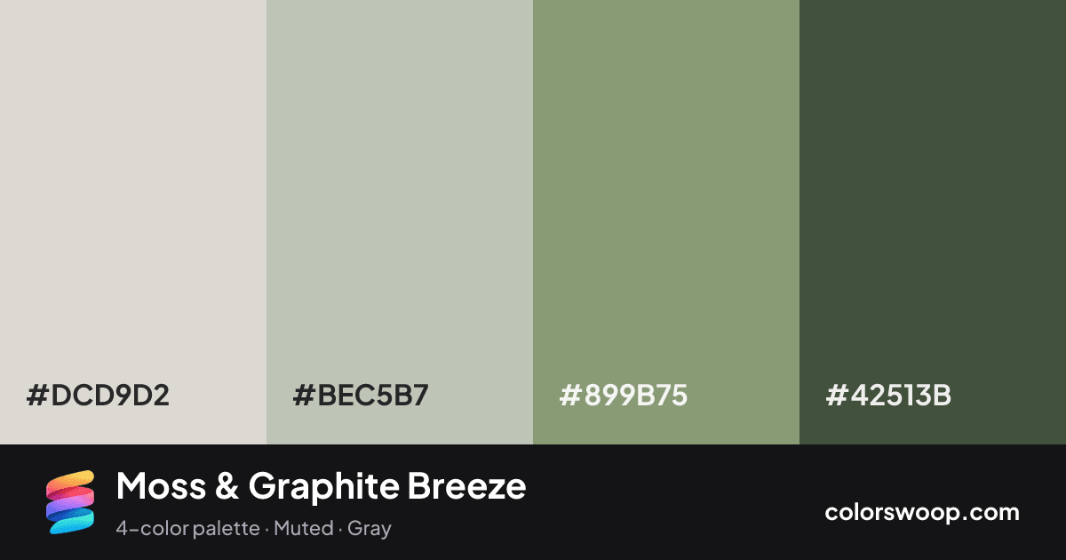 Moss & Graphite Breeze color palette card: Bone #DCD9D2, Silver #BEC5B7, Moss #899B75, Graphite #42513B